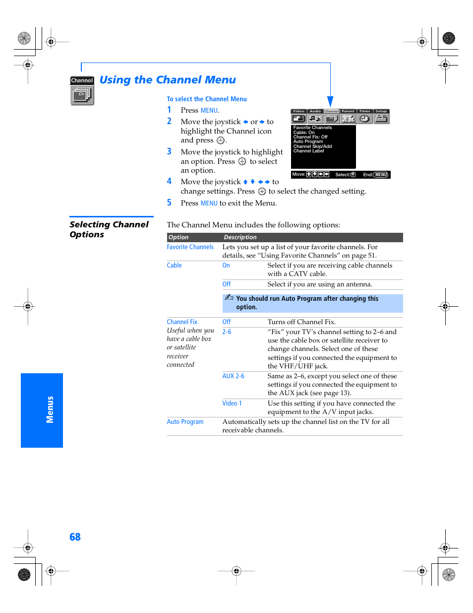 Using the channel menu | Sony WEGA KV-36XBR800 User Manual | Page 69 / 89