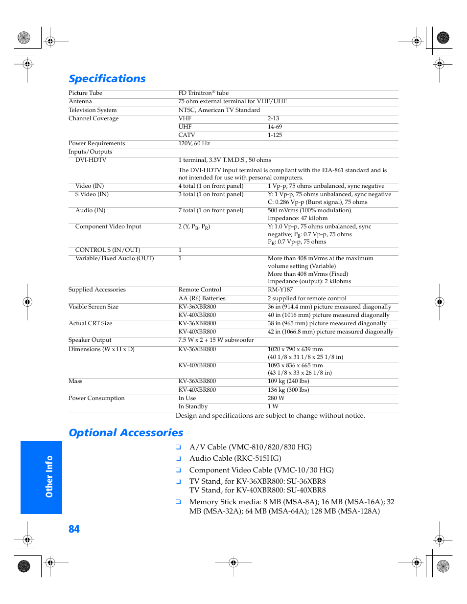 Specifications, Optional accessories | Sony WEGA KV-36XBR800 User Manual | Page 85 / 89