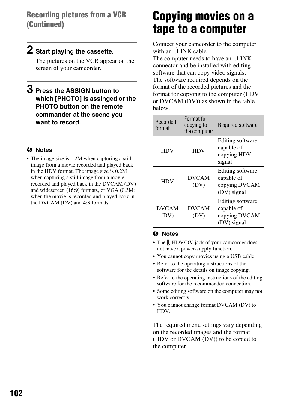 Copying movies on a tape to a computer, Recording pictures from a vcr (continued) | Sony HVR-Z7E User Manual | Page 102 / 146