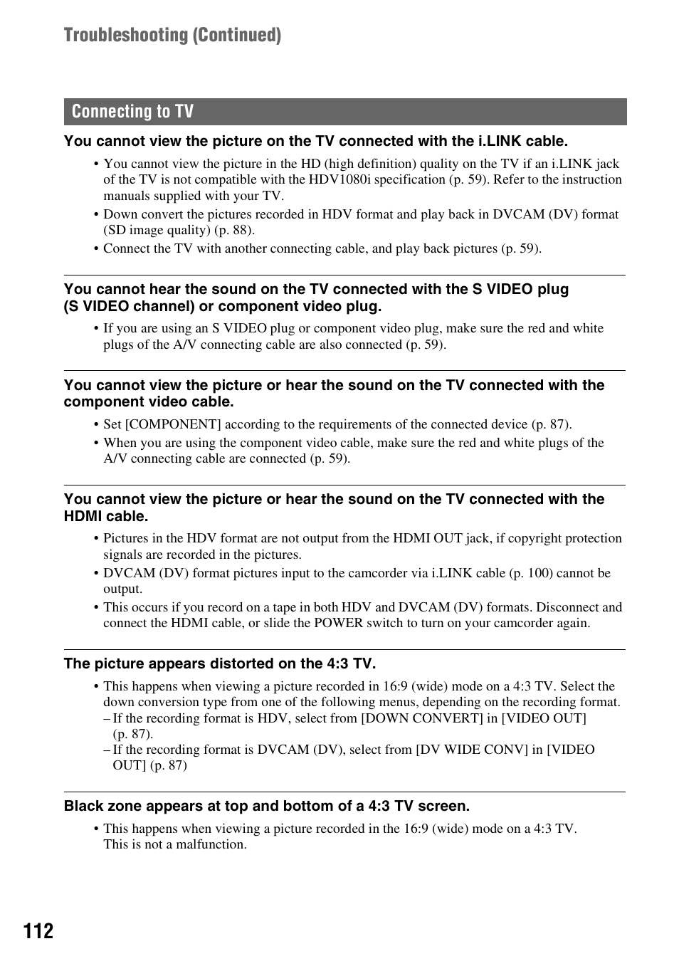 P. 112, Troubleshooting (continued), Connecting to tv | Sony HVR-Z7E User Manual | Page 112 / 146