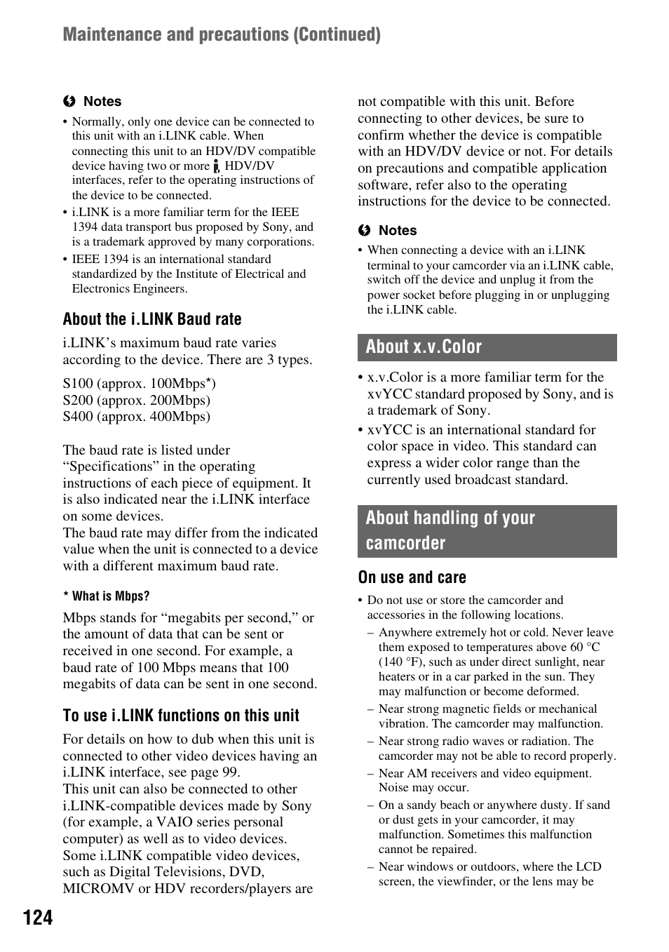 About x.v.color, About handling of your camcorder, About x.v.color about handling of your camcorder | Sony HVR-Z7E User Manual | Page 124 / 146