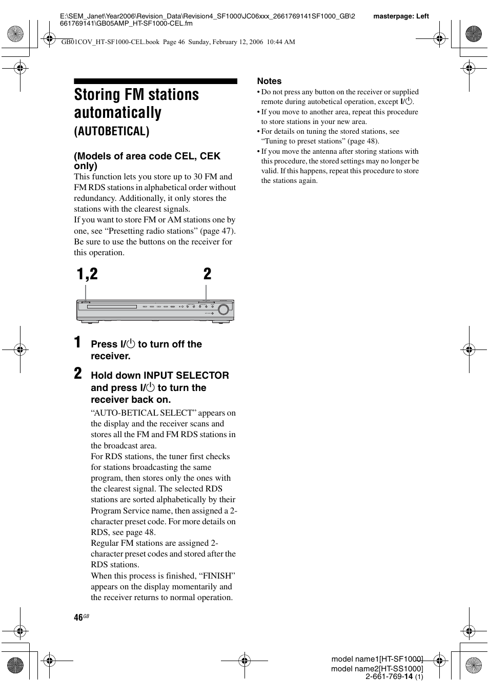 Storing fm stations automatically, Autobetical) (models of area code cel, cek only), Autobetical) | Sony HT-SS1000 User Manual | Page 46 / 60