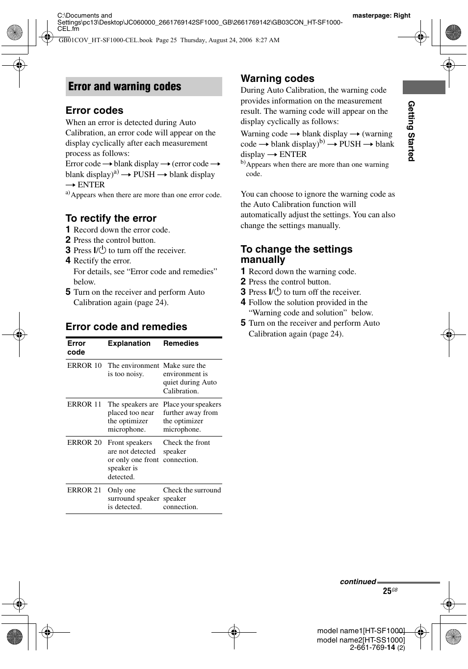 Error and warning codes, Error codes, Error code and remedies warning codes | Sony HT-SF1000 User Manual | Page 25 / 60