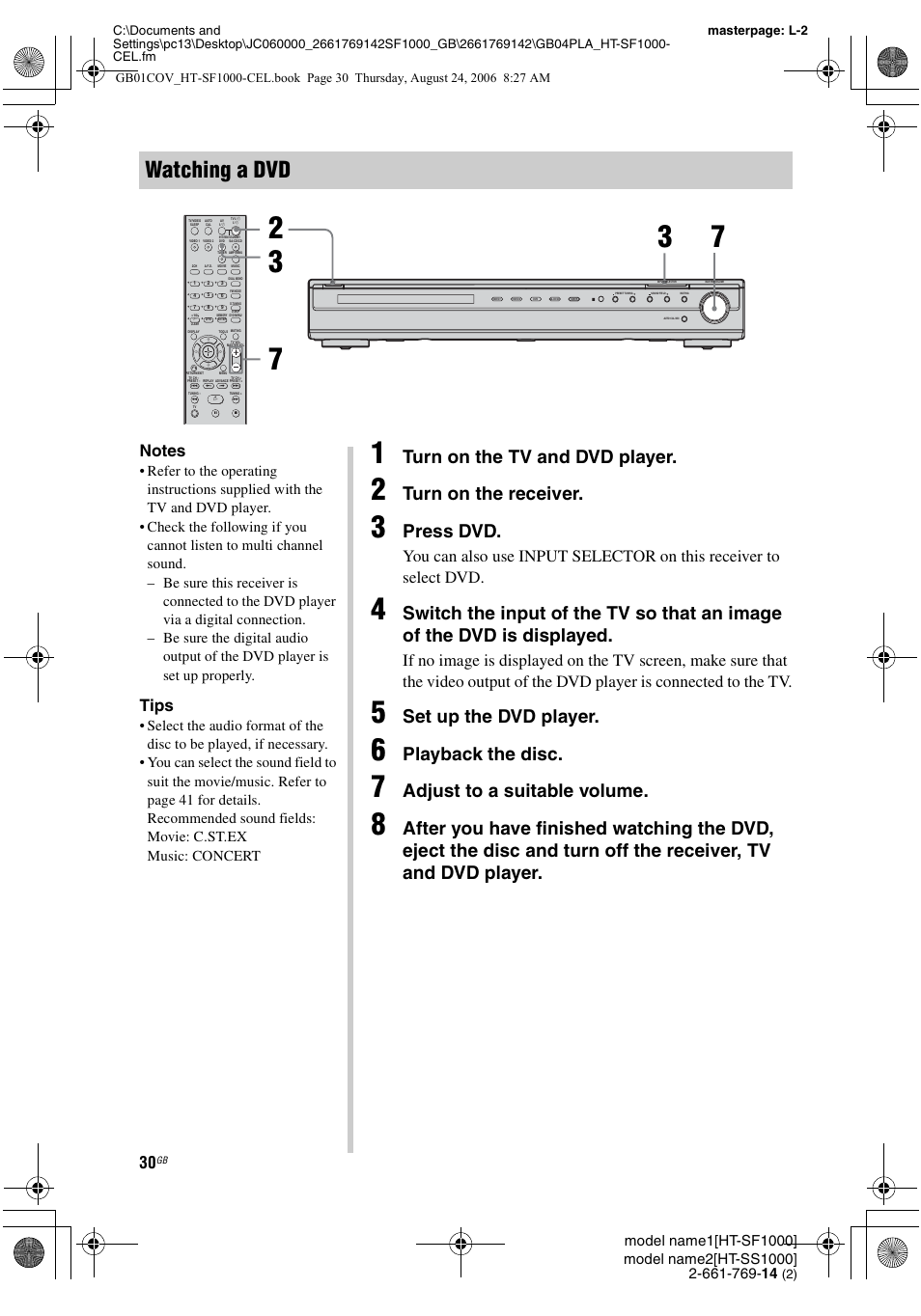 Watching a dvd, Turn on the tv and dvd player, Turn on the receiver | Press dvd, Set up the dvd player, Playback the disc, Adjust to a suitable volume, Tips | Sony HT-SF1000 User Manual | Page 30 / 60