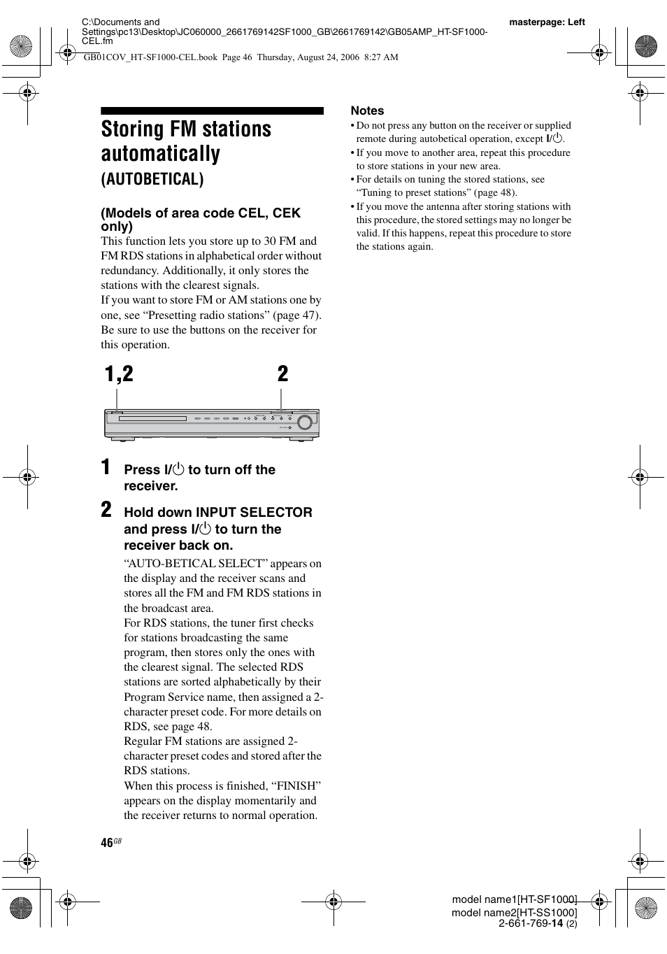 Storing fm stations automatically (autobetical), Storing fm stations automatically, Autobetical) (models of area code cel, cek only) | Autobetical) | Sony HT-SF1000 User Manual | Page 46 / 60