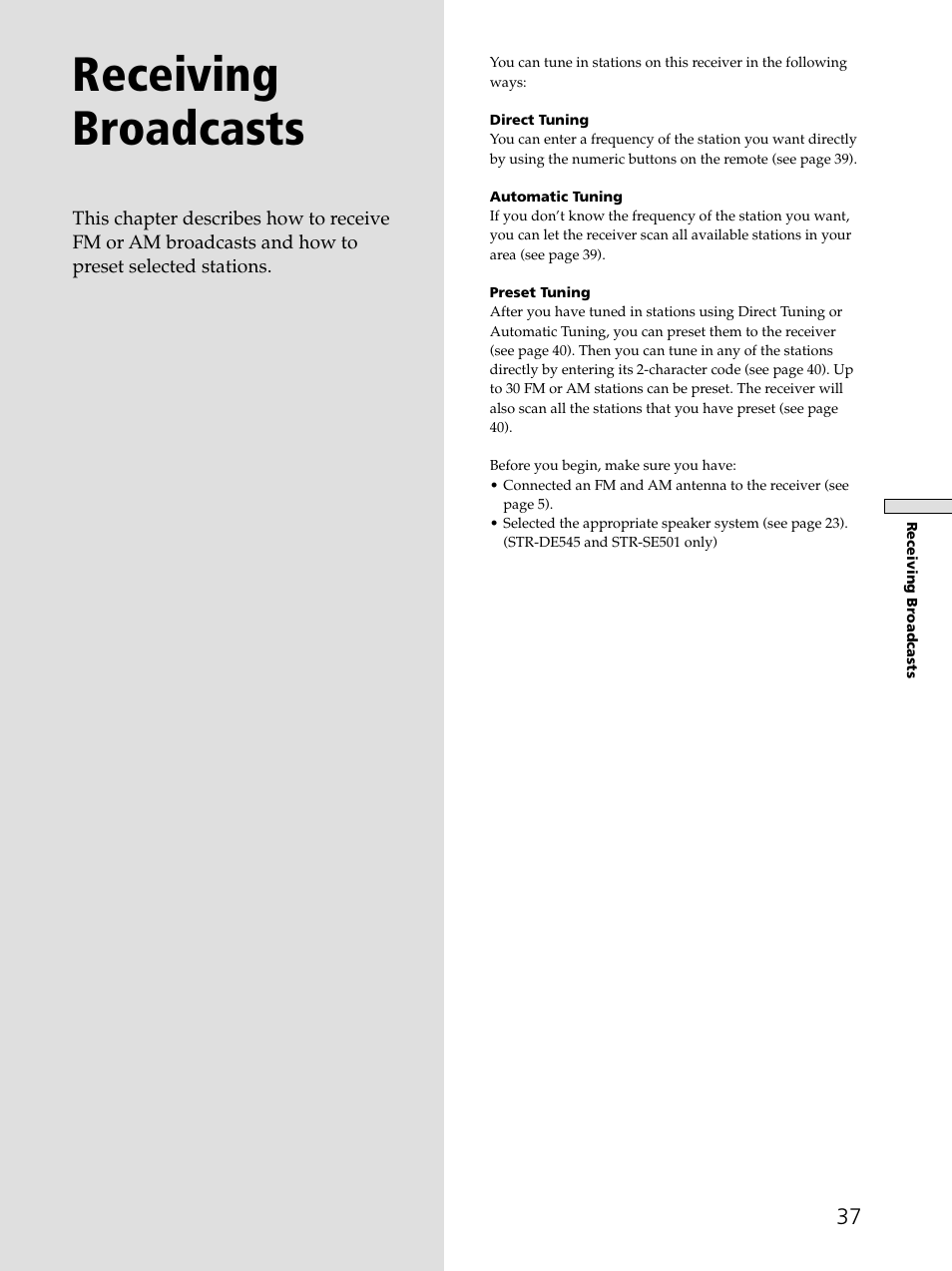 Receiving broadcasts | Sony STR-DE545 User Manual | Page 37 / 55