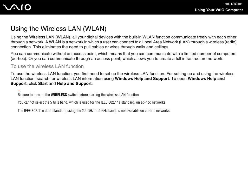 Using the wireless lan (wlan) | Sony VAIO VGC-LV200 User Manual | Page 104 / 206