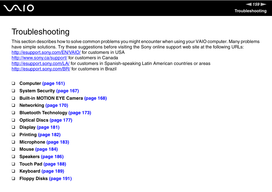 Troubleshooting | Sony VAIO VGC-LV200 User Manual | Page 159 / 206