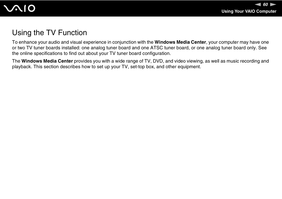 Using the tv function | Sony VAIO VGC-LV200 User Manual | Page 60 / 206