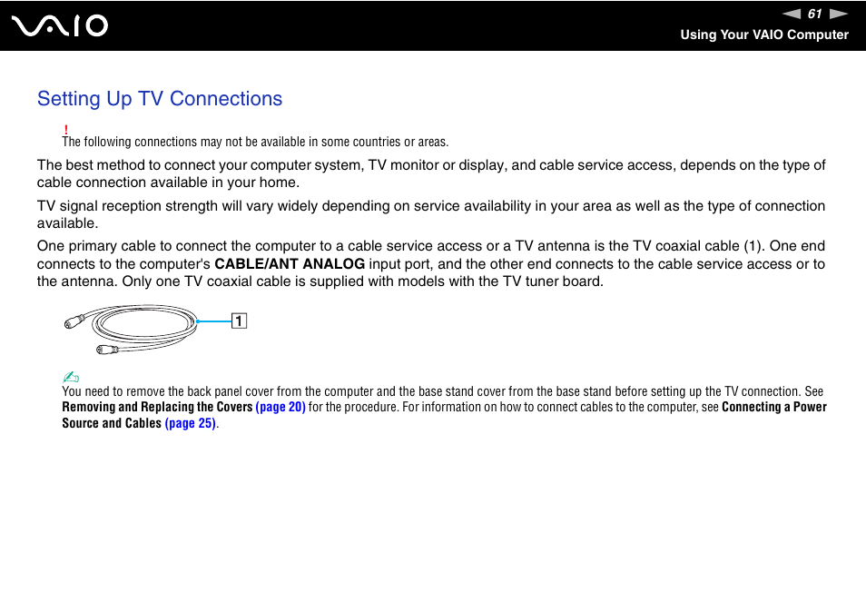 Setting up tv connections | Sony VAIO VGC-LV200 User Manual | Page 61 / 206