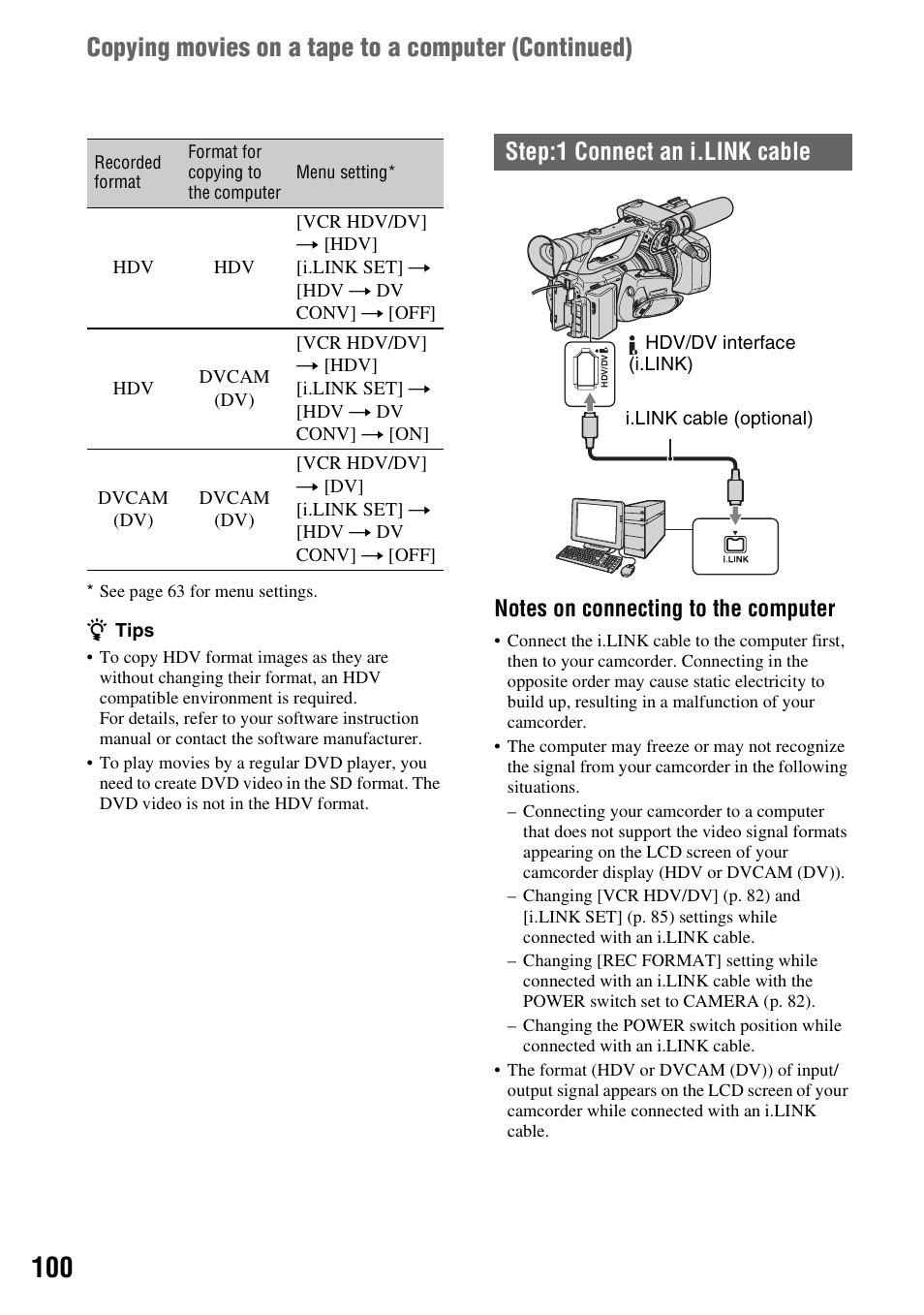 Copying movies on a tape to a computer (continued), Step:1 connect an i.link cable | Sony 3-280-847-11(1) User Manual | Page 100 / 143