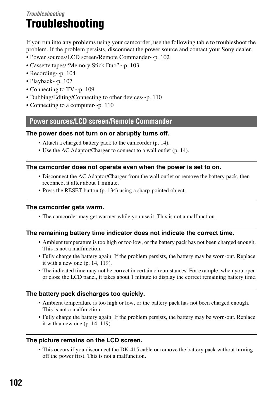 Troubleshooting, Power sources/lcd screen/remote commander | Sony 3-280-847-11(1) User Manual | Page 102 / 143