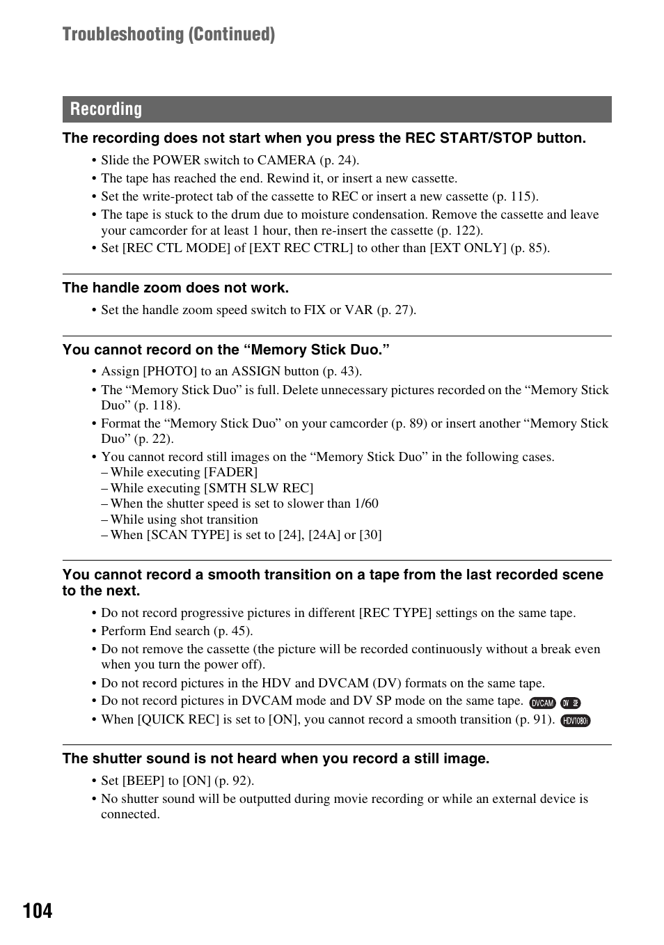 Troubleshooting (continued), Recording | Sony 3-280-847-11(1) User Manual | Page 104 / 143