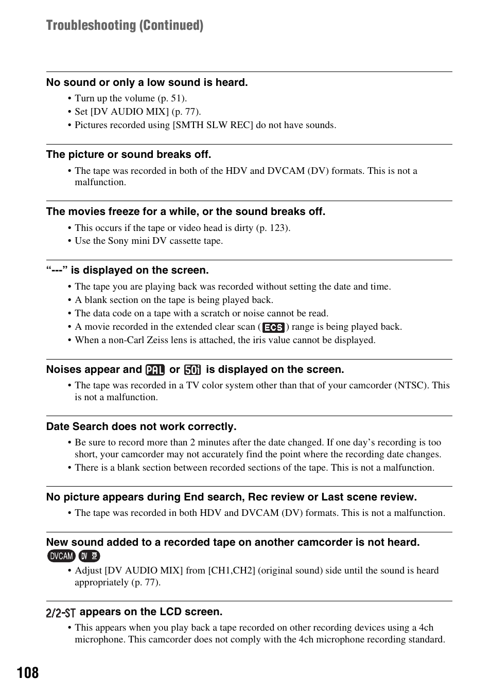 Troubleshooting (continued) | Sony 3-280-847-11(1) User Manual | Page 108 / 143