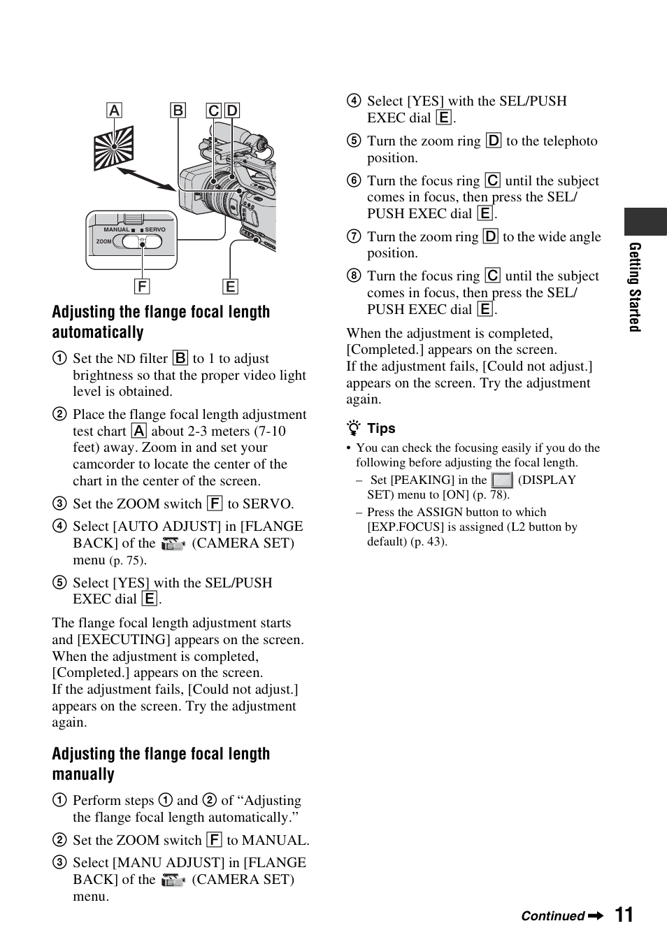 Adjusting the flange focal length automatically, Adjusting the flange focal length manually | Sony 3-280-847-11(1) User Manual | Page 11 / 143