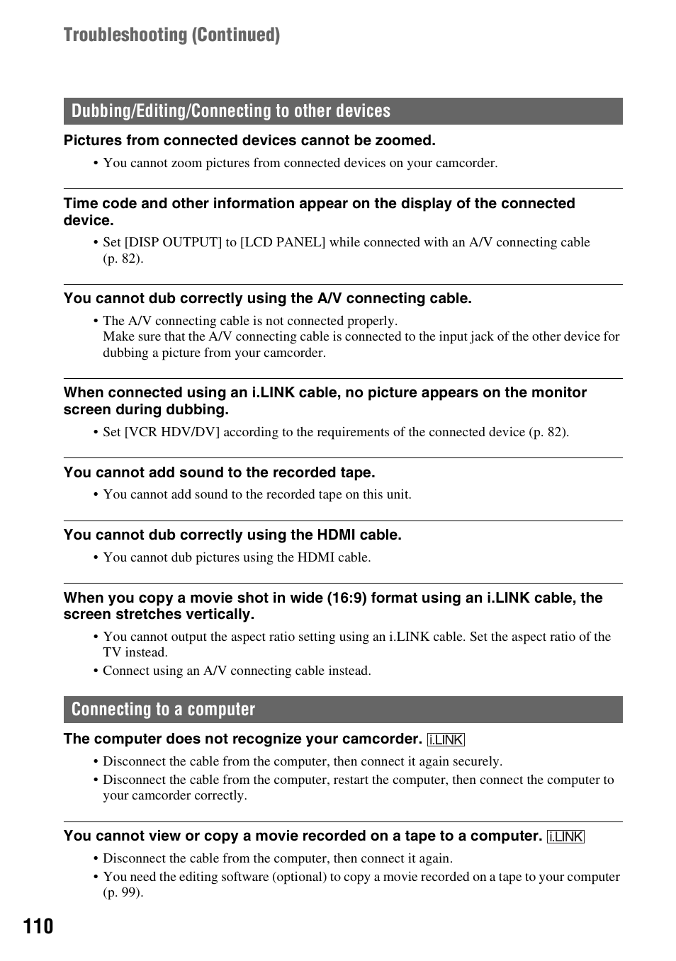 P. 110, Troubleshooting (continued) | Sony 3-280-847-11(1) User Manual | Page 110 / 143