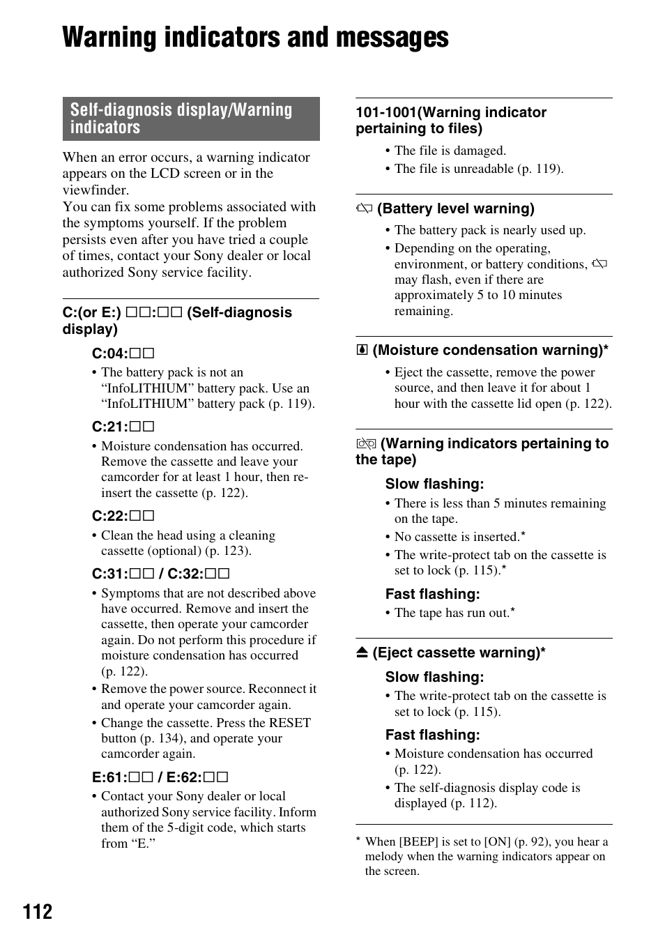 Warning indicators and messages, Self-diagnosis display/warning indicators | Sony 3-280-847-11(1) User Manual | Page 112 / 143