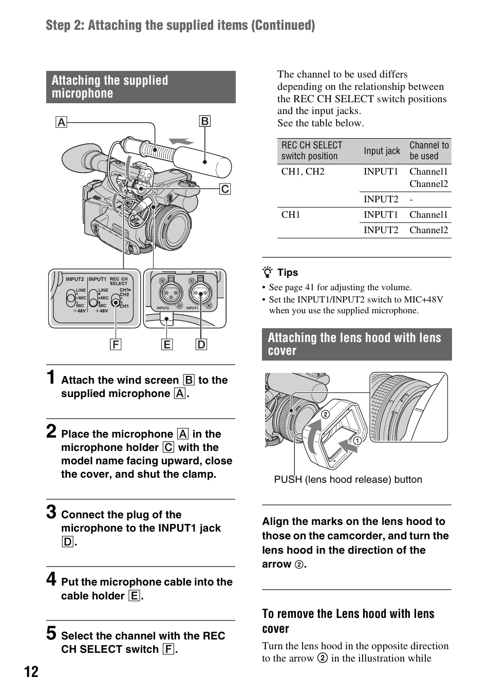P. 12, Step 2: attaching the supplied items (continued), Attaching the supplied microphone | Attaching the lens hood with lens cover | Sony 3-280-847-11(1) User Manual | Page 12 / 143