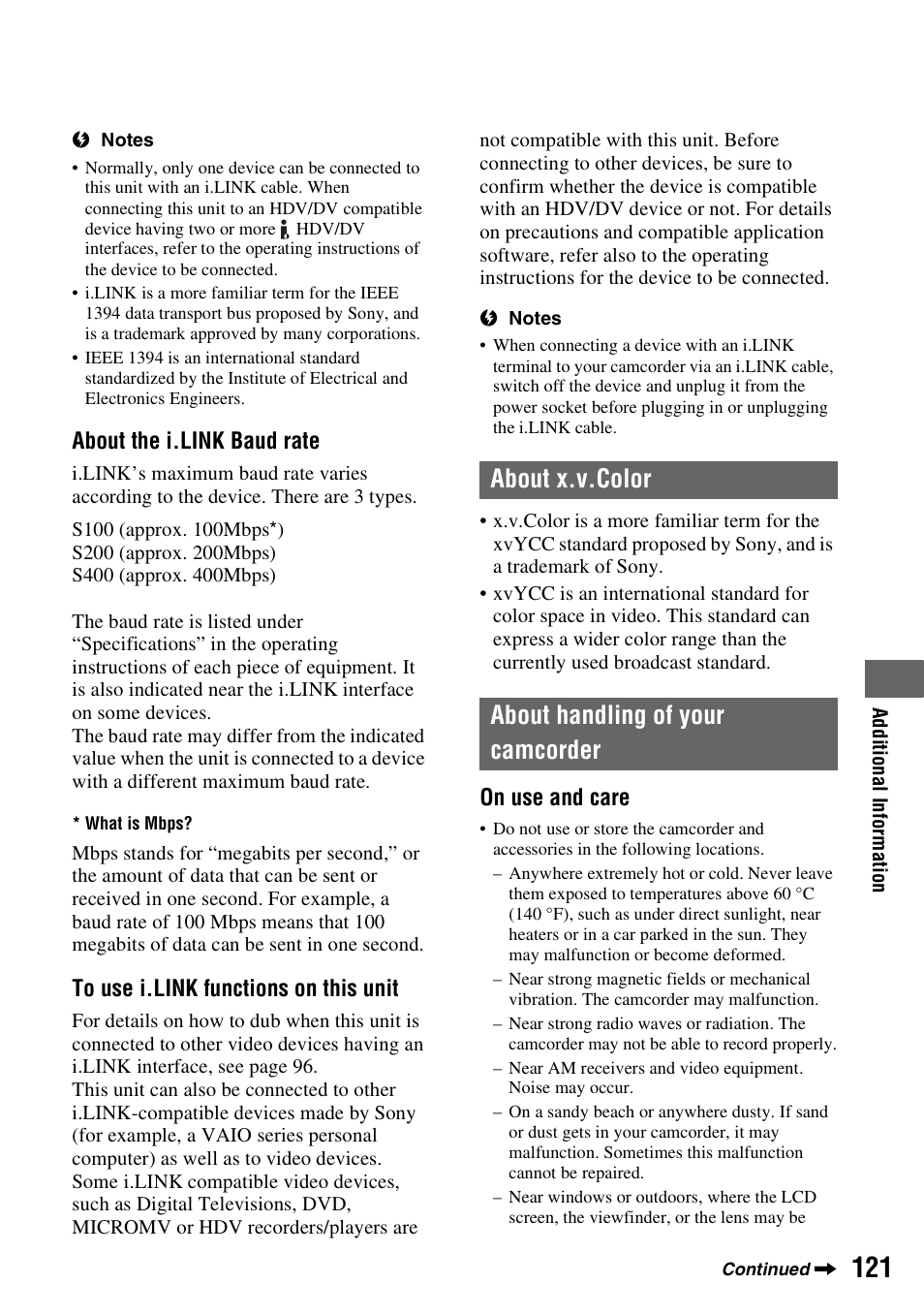 About x.v.color, About handling of your camcorder, About x.v. color about handling of your camcorder | About x.v.color about handling of your camcorder | Sony 3-280-847-11(1) User Manual | Page 121 / 143