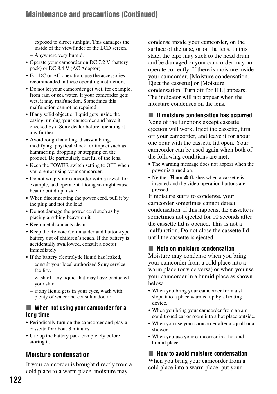 P. 122, P. 122), Maintenance and precautions (continued) | Moisture condensation | Sony 3-280-847-11(1) User Manual | Page 122 / 143