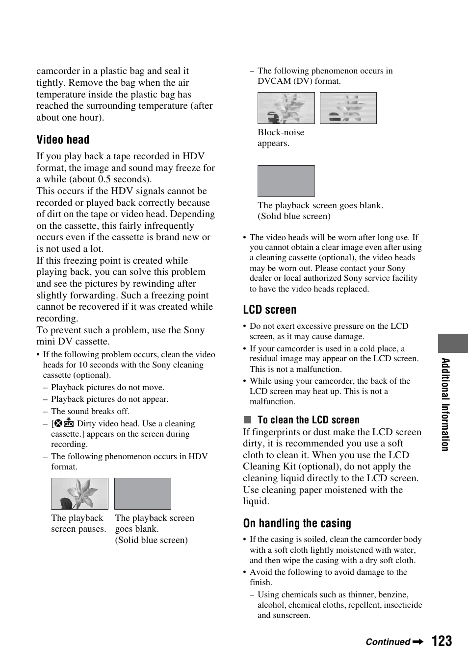 P. 123), P. 123, Video head | Lcd screen, On handling the casing | Sony 3-280-847-11(1) User Manual | Page 123 / 143