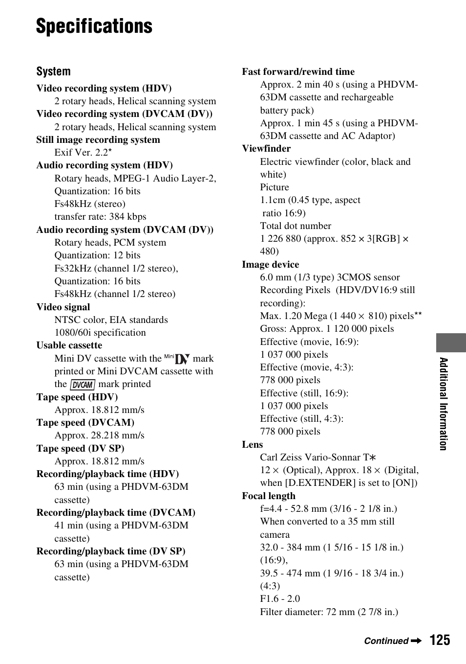Specifications | Sony 3-280-847-11(1) User Manual | Page 125 / 143