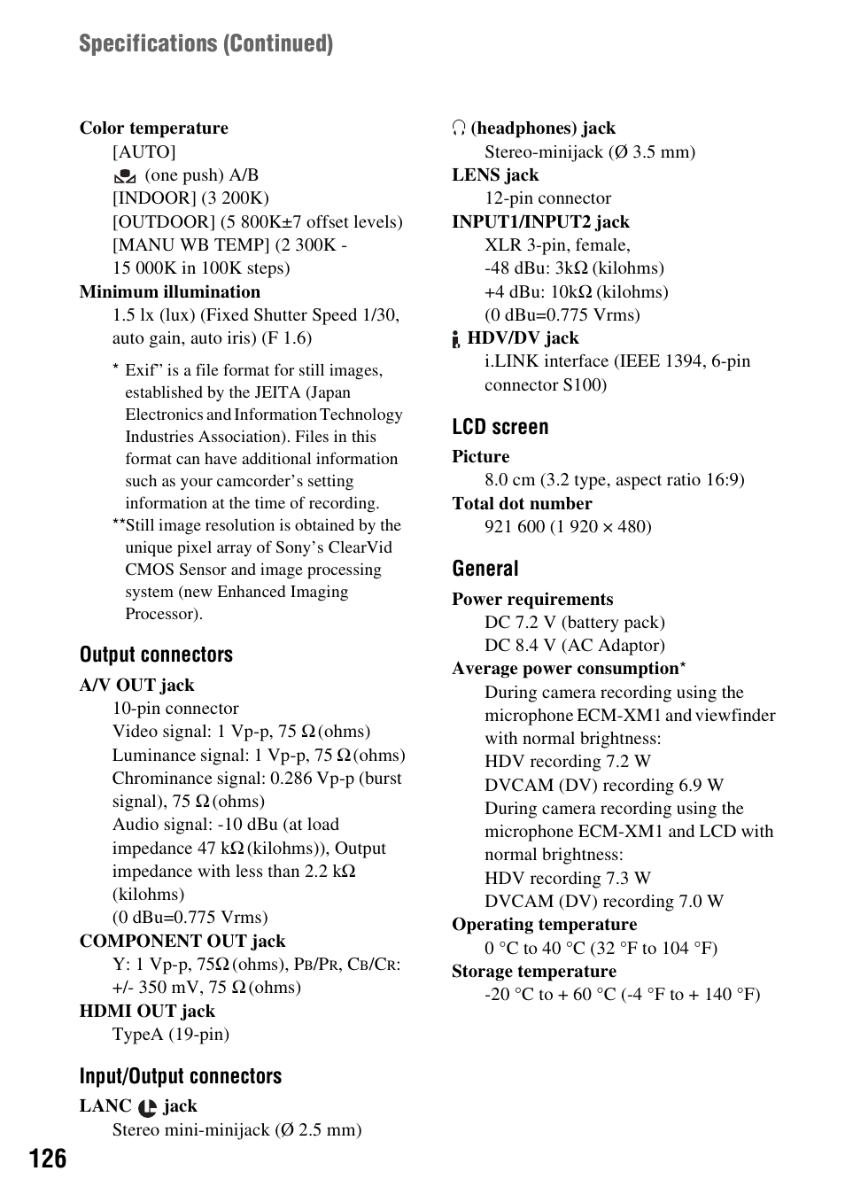 Specifications (continued) | Sony 3-280-847-11(1) User Manual | Page 126 / 143