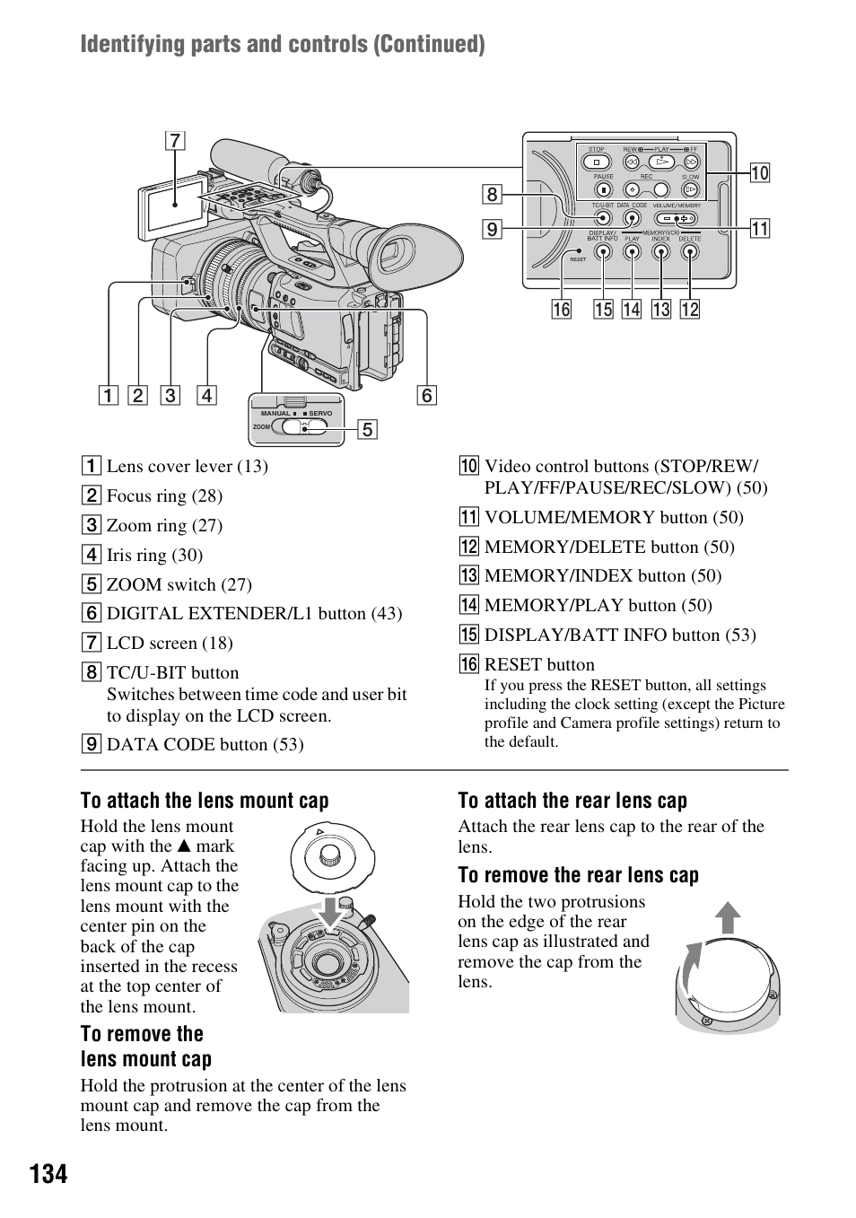 P. 134), P (1) (p. 134), Identifying parts and controls (continued) | Sony 3-280-847-11(1) User Manual | Page 134 / 143