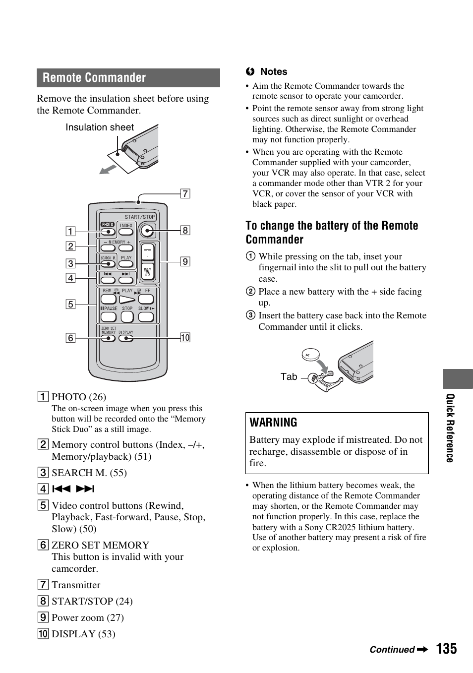 P. 135), T (p. 135, Remote commander | Warning | Sony 3-280-847-11(1) User Manual | Page 135 / 143