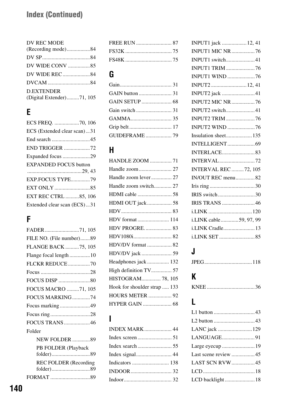 Index (continued) | Sony 3-280-847-11(1) User Manual | Page 140 / 143