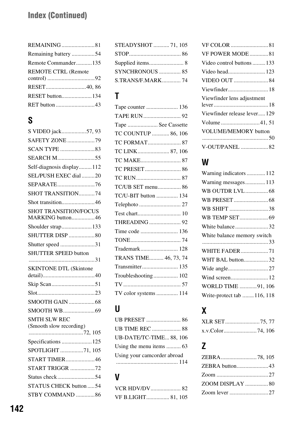 Index (continued) | Sony 3-280-847-11(1) User Manual | Page 142 / 143
