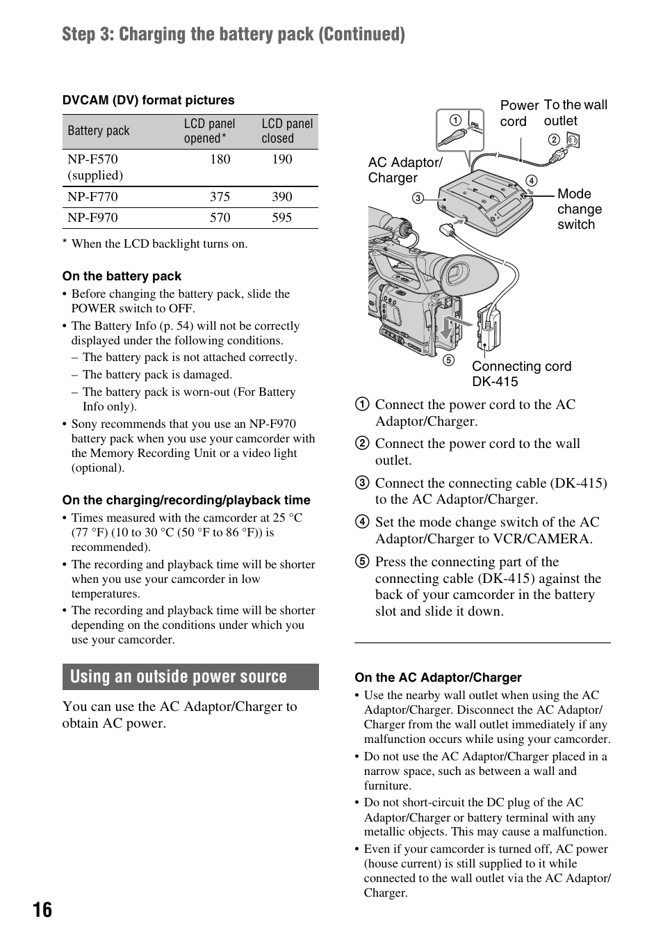 Step 3: charging the battery pack (continued), Using an outside power source | Sony 3-280-847-11(1) User Manual | Page 16 / 143