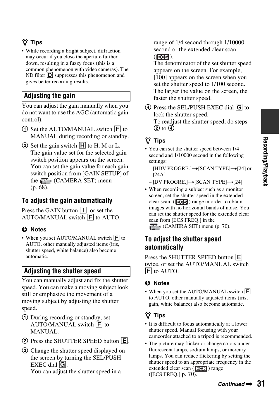 Adjusting the gain adjusting the shutter speed | Sony 3-280-847-11(1) User Manual | Page 31 / 143