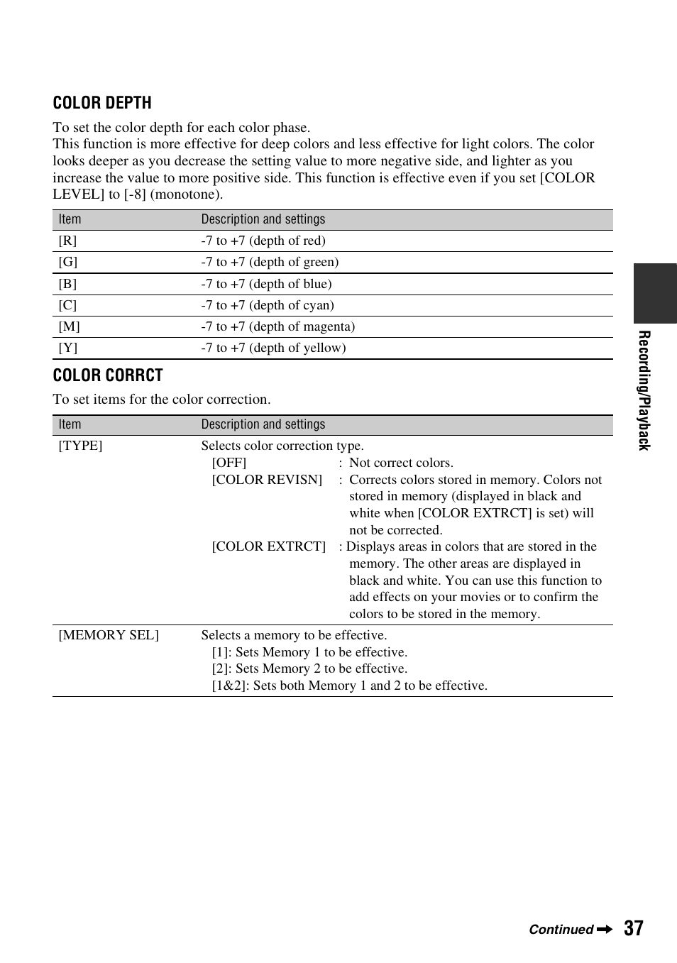 Color depth, Color corrct | Sony 3-280-847-11(1) User Manual | Page 37 / 143