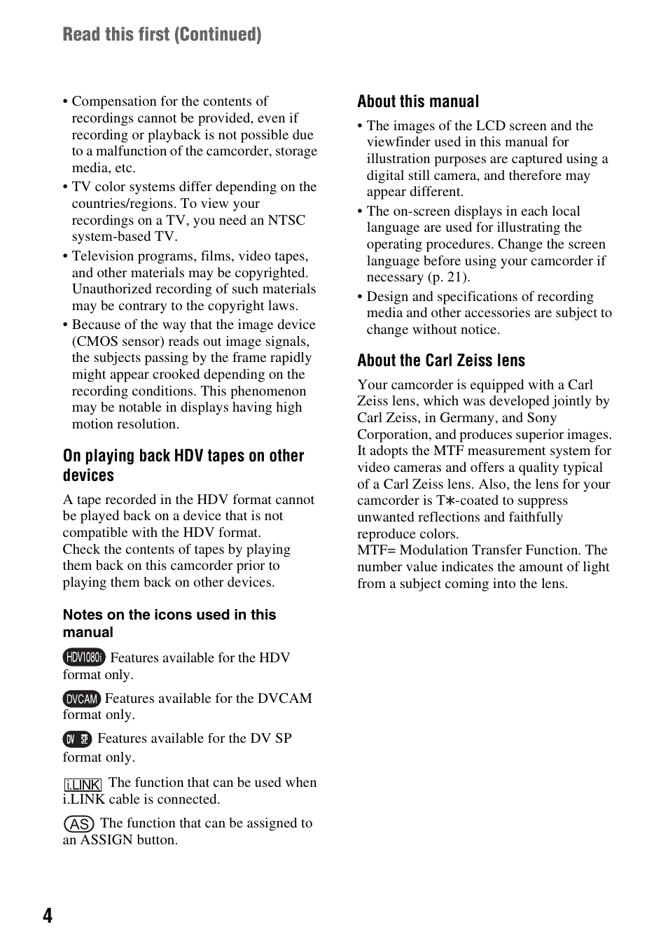 Read this first (continued) | Sony 3-280-847-11(1) User Manual | Page 4 / 143