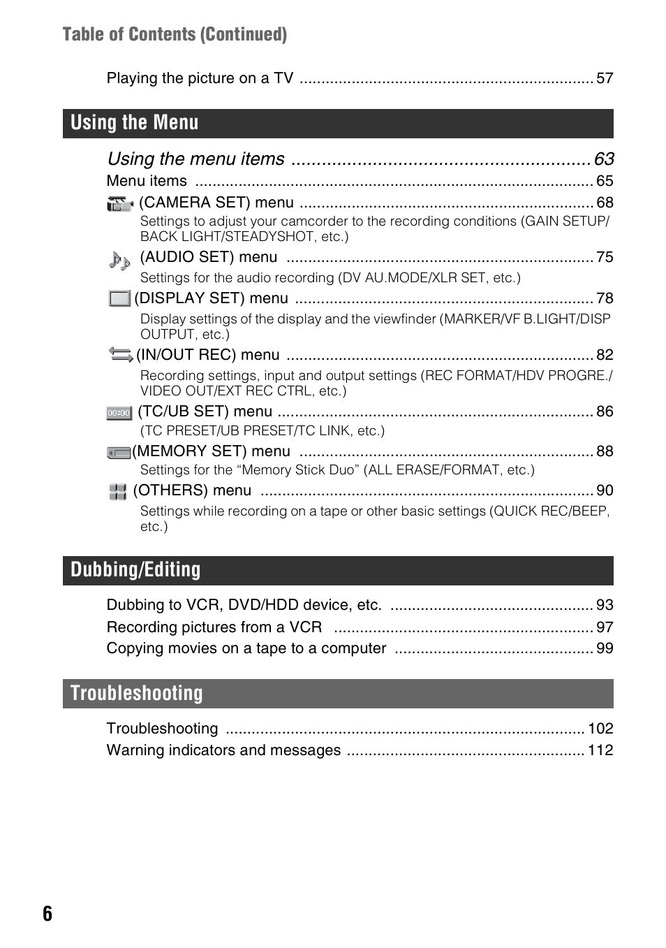 Using the menu dubbing/editing troubleshooting, Using the menu items, Table of contents (continued) | Sony 3-280-847-11(1) User Manual | Page 6 / 143