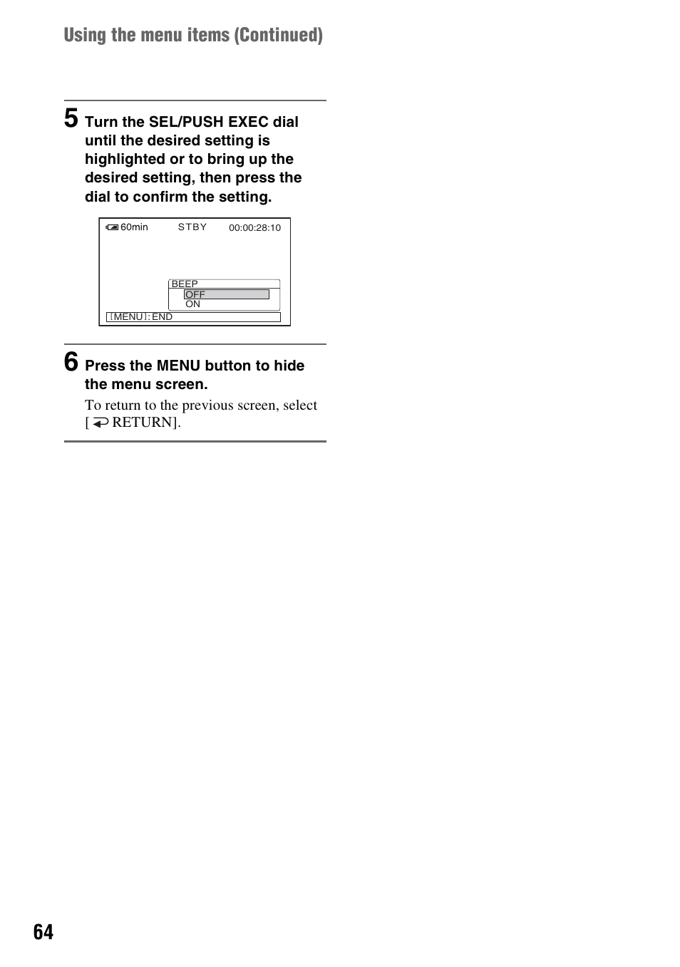 Using the menu items ( continued) | Sony 3-280-847-11(1) User Manual | Page 64 / 143