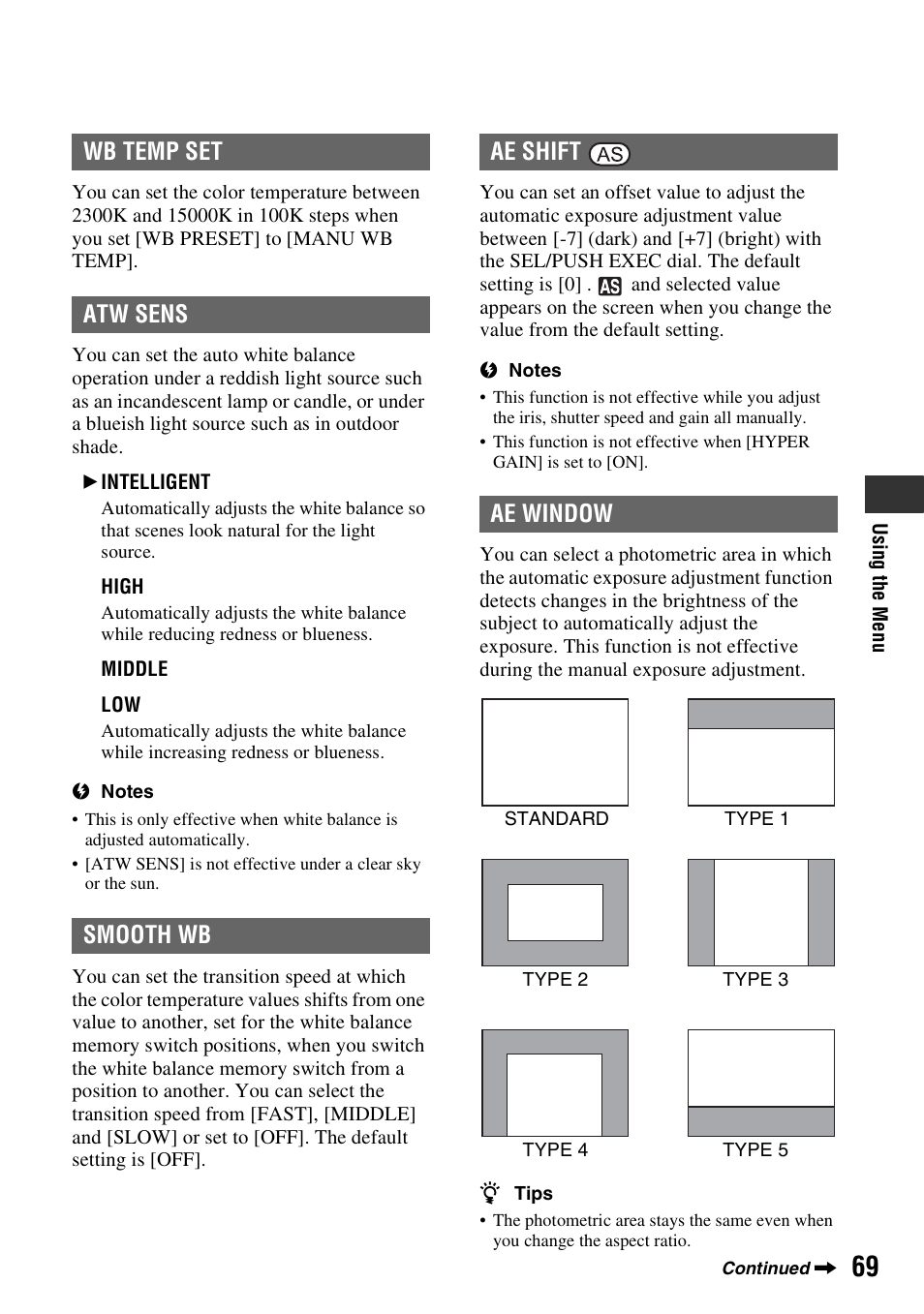 Wb temp set, Atw sens, Smooth wb | Ae window, Wb temp set atw sens smooth wb ae shift ae window | Sony 3-280-847-11(1) User Manual | Page 69 / 143