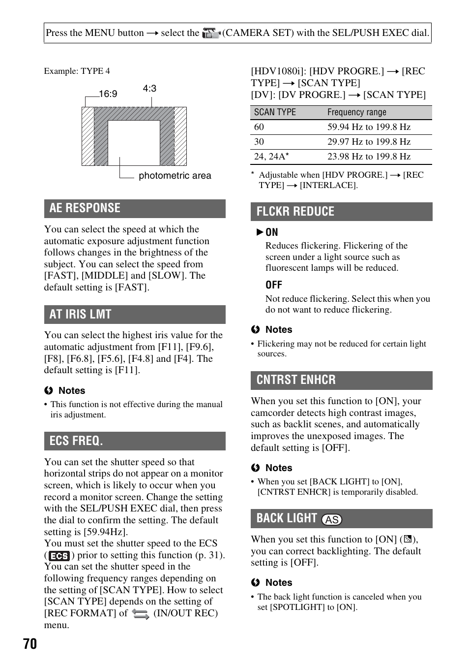 P. 70), P. 70, Ae response | At iris lmt, Ecs freq, Cntrst enhcr, Ae response at iris lmt ecs freq, Flckr reduce cntrst enhcr back light | Sony 3-280-847-11(1) User Manual | Page 70 / 143