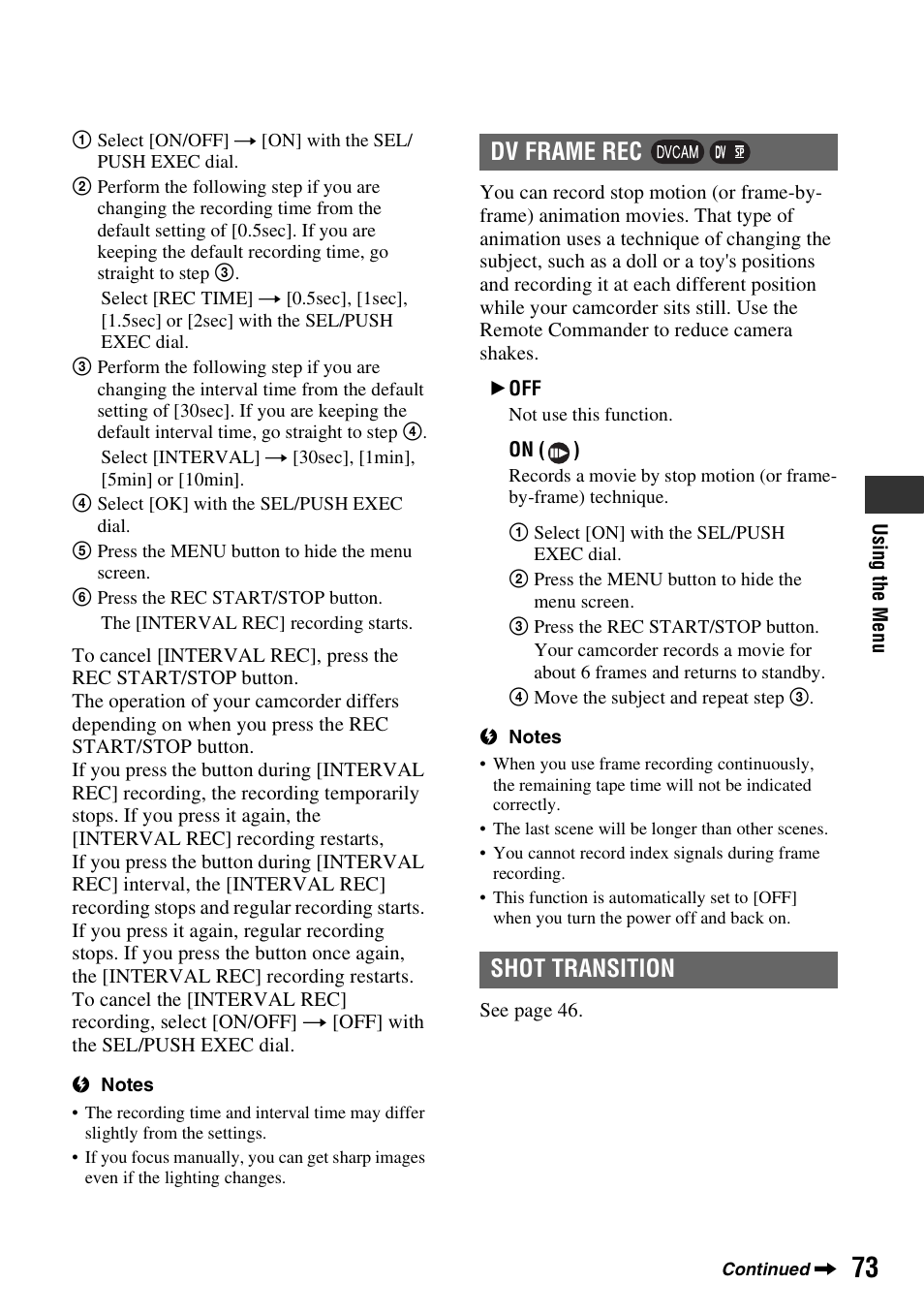 Dv frame rec shot transition | Sony 3-280-847-11(1) User Manual | Page 73 / 143