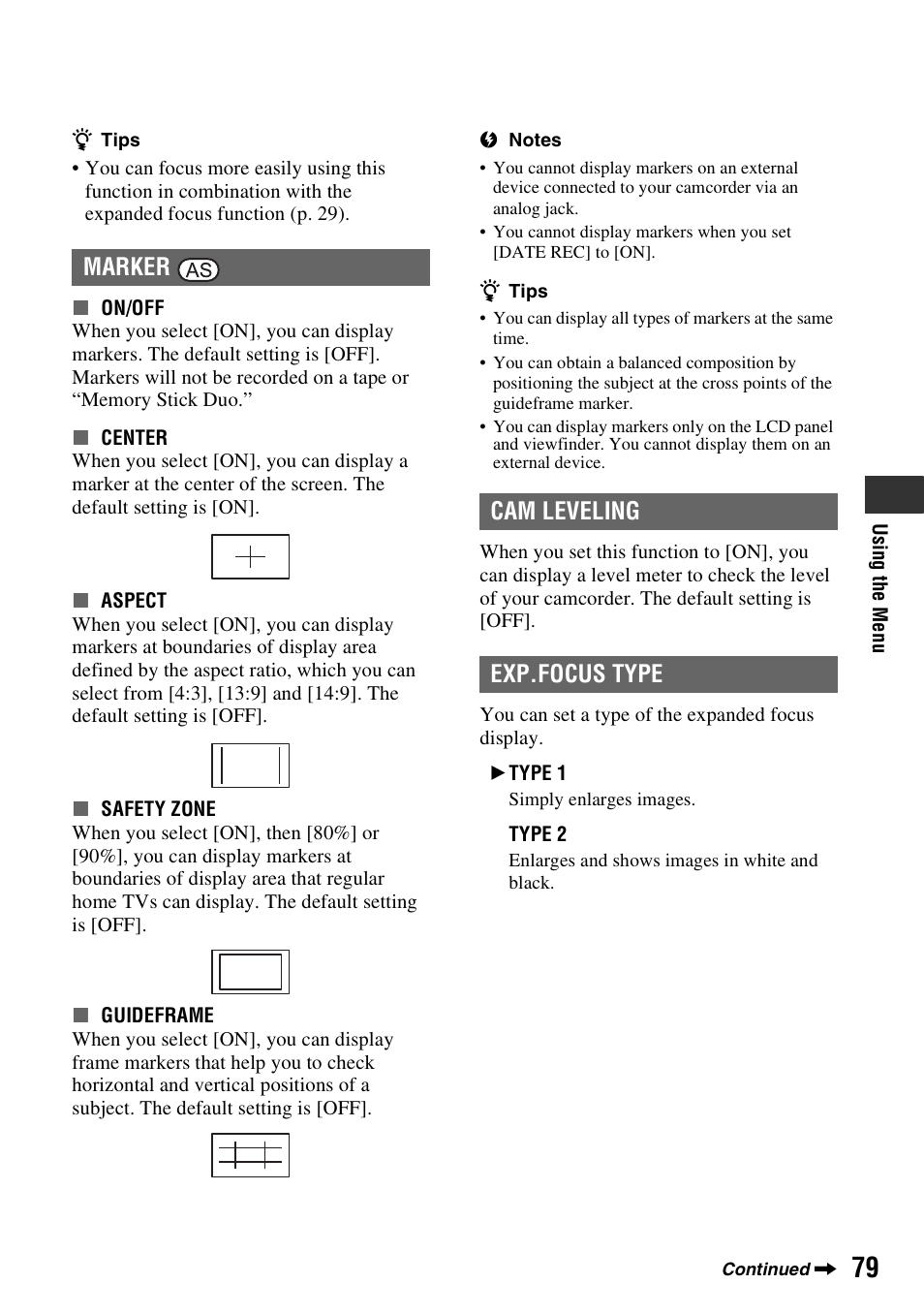 P. 79), Marker, Cam leveling | Exp.focus type, Marker cam leveling exp.focus type | Sony 3-280-847-11(1) User Manual | Page 79 / 143
