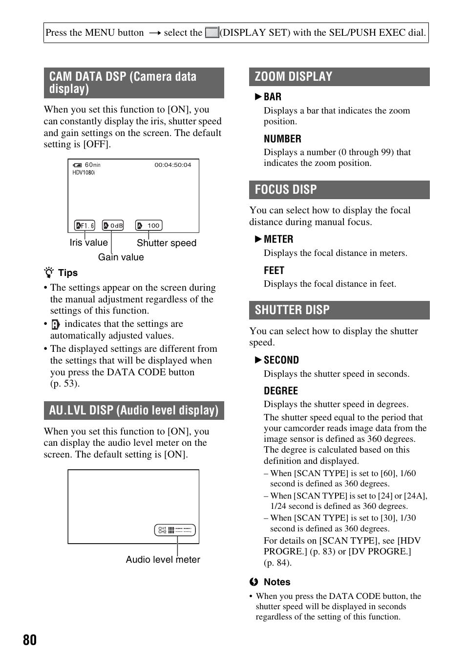 Zoom display, Focus disp, Shutter disp | Zoom display focus disp shutter disp | Sony 3-280-847-11(1) User Manual | Page 80 / 143