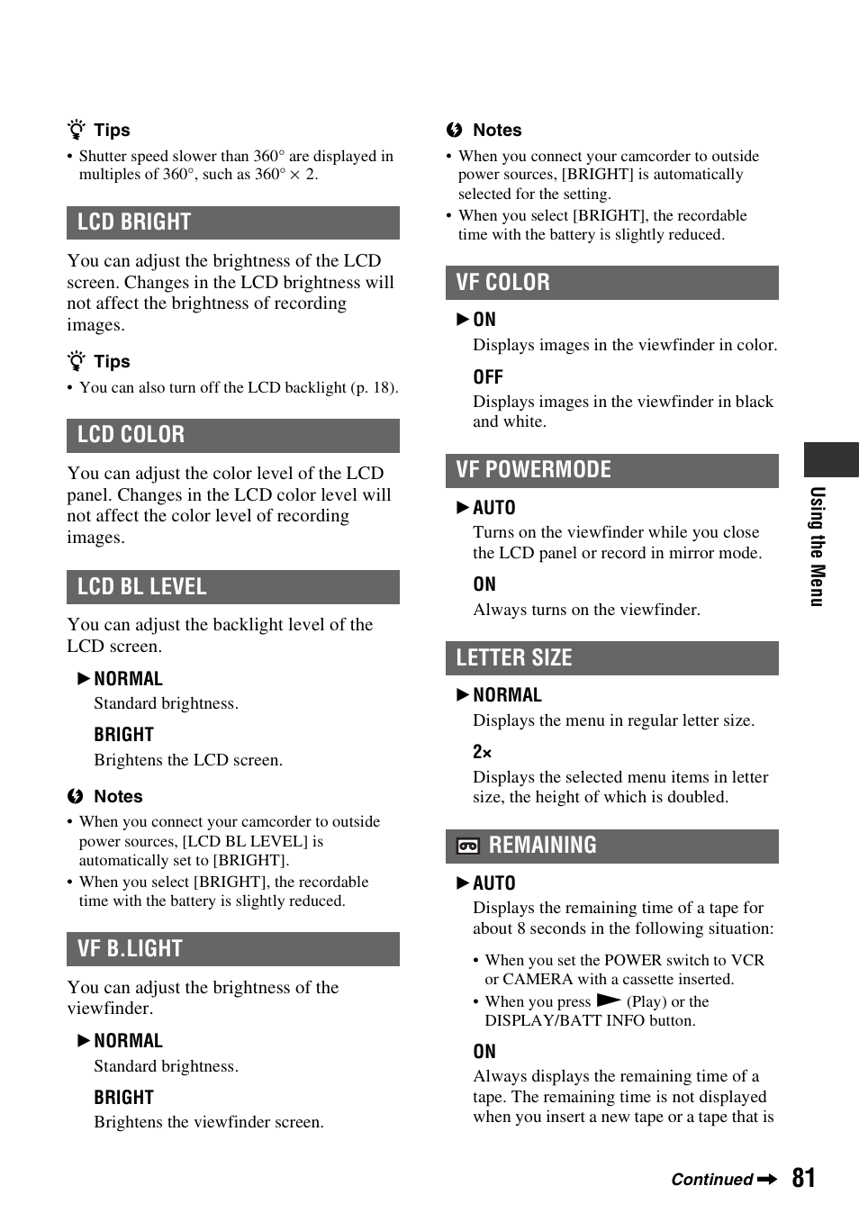 P. 81), Lcd color, Lcd bl level | Vf b.light, Vf color, Letter size, Remaining | Sony 3-280-847-11(1) User Manual | Page 81 / 143