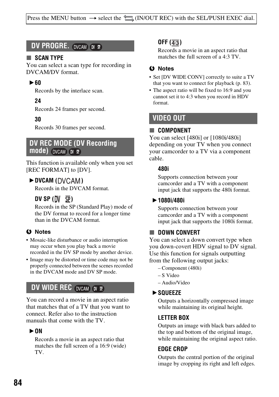 P. 84), Dv wide rec, Video out | Sony 3-280-847-11(1) User Manual | Page 84 / 143