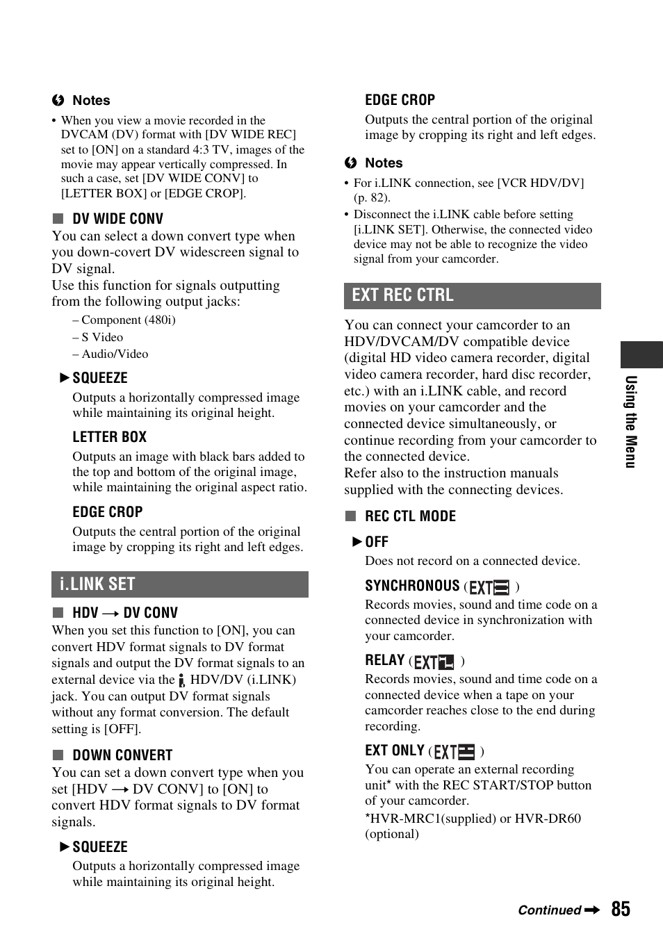 P. 85), I.link set, I.link set ext rec ctrl | Sony 3-280-847-11(1) User Manual | Page 85 / 143