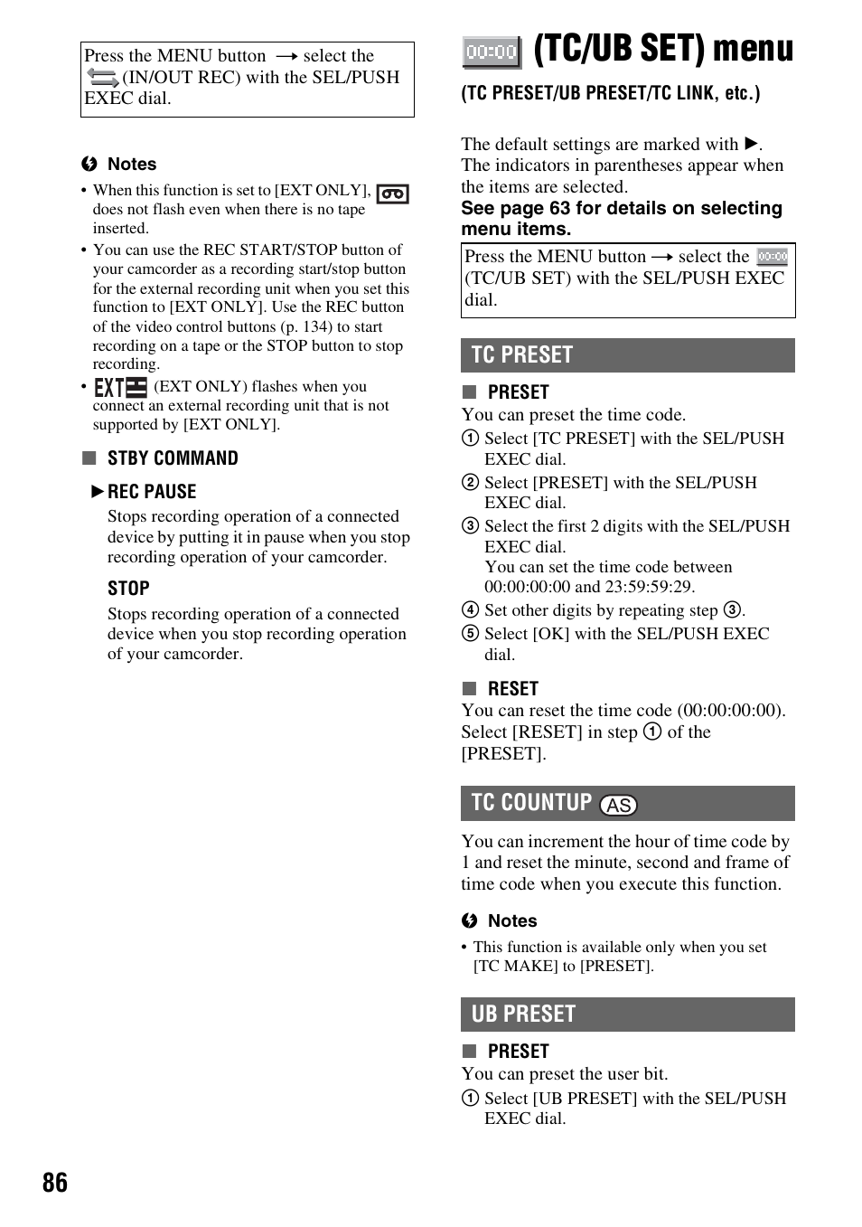 Tc/ub set) menu, Tc preset/ub preset/tc link, etc.), P. 86) | Tc preset, Ub preset, Tc preset tc countup ub preset | Sony 3-280-847-11(1) User Manual | Page 86 / 143