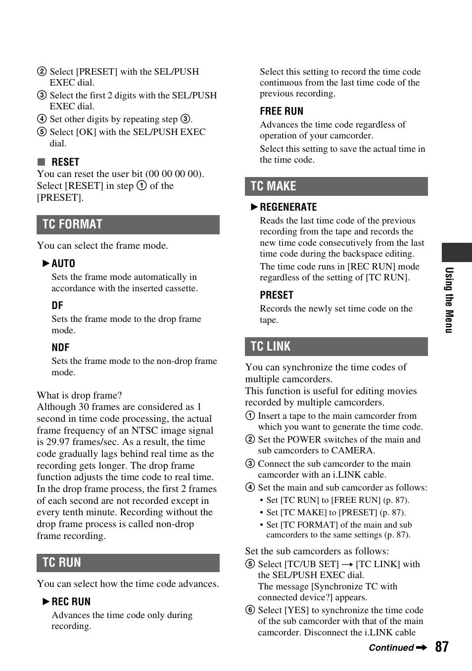 Tc format, Tc run, Tc make | Tc link, Tc format tc run tc make tc link | Sony 3-280-847-11(1) User Manual | Page 87 / 143