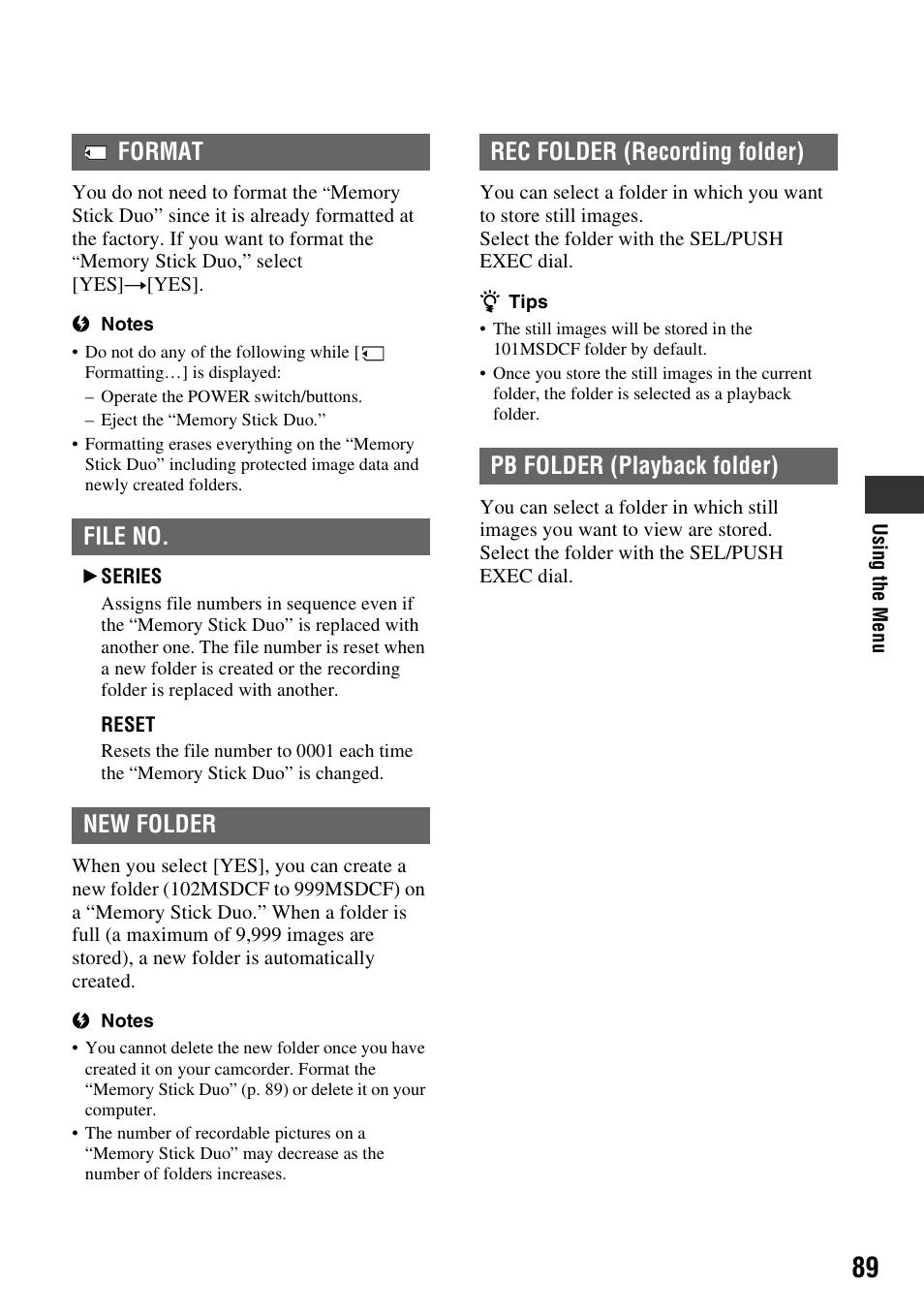 File no, New folder | Sony 3-280-847-11(1) User Manual | Page 89 / 143