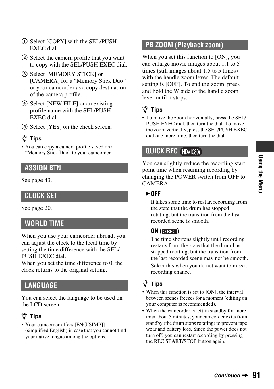 P. 91), Assign btn, Clock set | World time | Sony 3-280-847-11(1) User Manual | Page 91 / 143