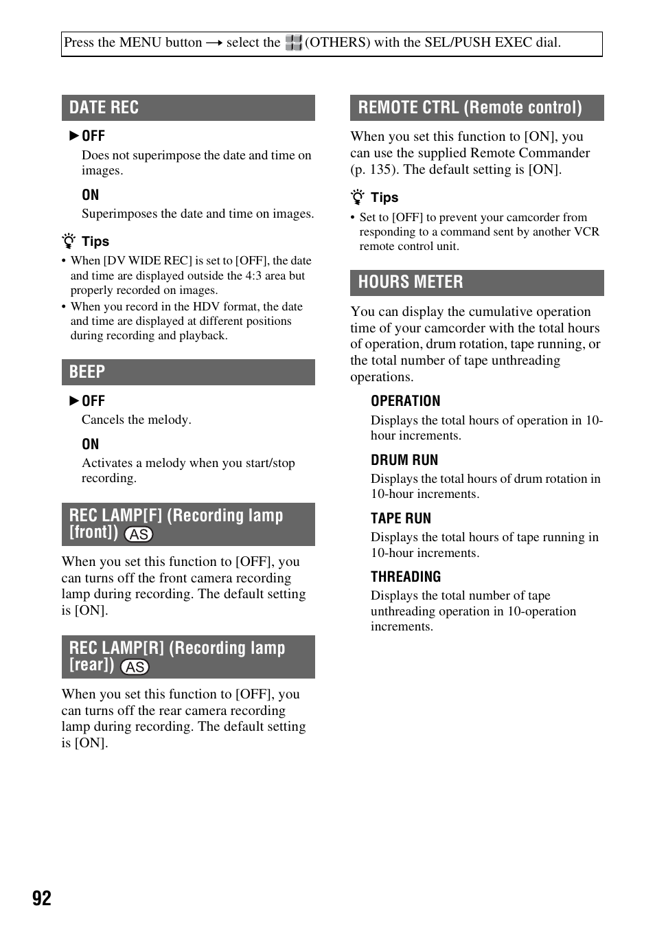 P. 92), Date rec, Beep | Hours meter | Sony 3-280-847-11(1) User Manual | Page 92 / 143